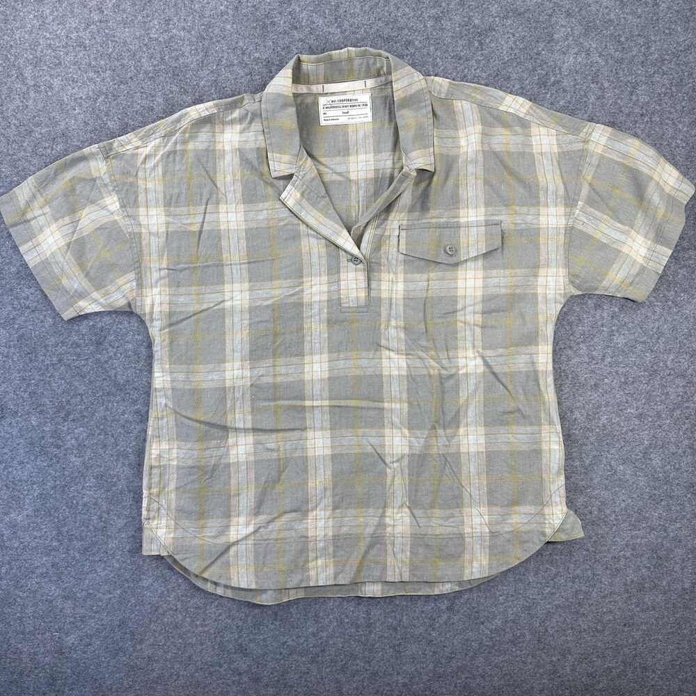 REI Cooperative Shirt Womens Small Gray Plaid Short Sleeve Button Front Top